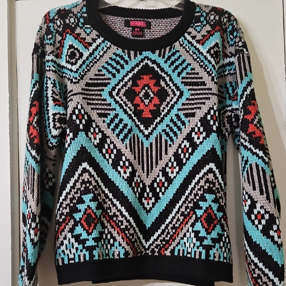 Rock&Roll Denim Aztec Patterned Sweater - Black, Red, Blue